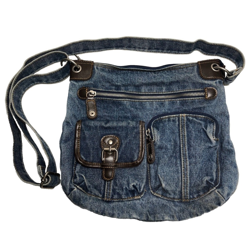 Vtg Y2K Denim Crossbody Bag Boho Utility Shoulder Bag Brown Trim Pockets DAMAGED